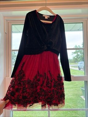 Knitworks Black & Red Floral Tulle Formal Dress for Girls